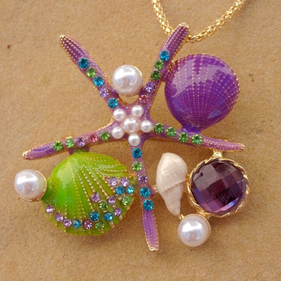 Purple & Green Enamel Starfish Pearl Pendant Brooch Summer Ocean Beach Necklace - Picture 5 of 8